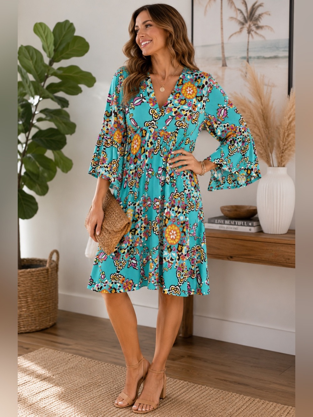 Judith March Turquoise Floral Print Boho Bell Sleeve Dress Large